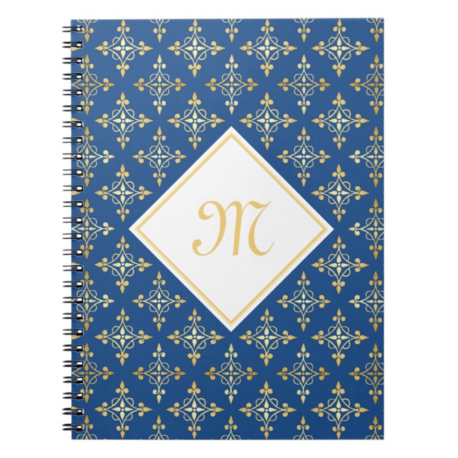 Luxury Monogram Blue and Gold Quatre Floral Notebook (Front)
