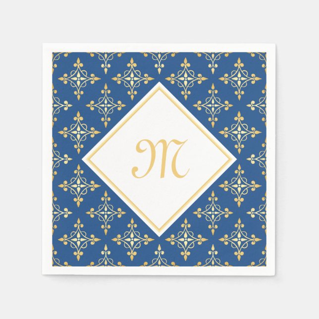 Luxury Monogram Blue and Gold Quatre Floral Paper Napkins (Front)
