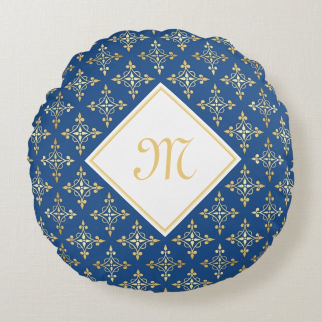 Luxury Monogram Blue and Gold Quatre Floral Round Pillow (Front)