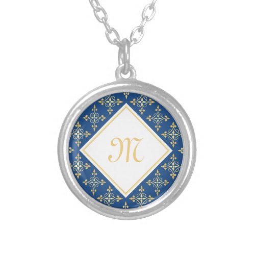 Luxury Monogram Blue and Gold Quatre Floral Silver Plated Necklace