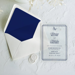 Luxury Monogram Blue Wedding Acrylic Invitations
