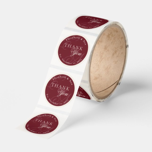 Luxury Monogram Burgundy Wedding Thank You Classic Round Sticker (Roll)