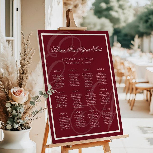 Luxury Monogram Deep Red Wedding Seating Chart (Creator Uploaded)