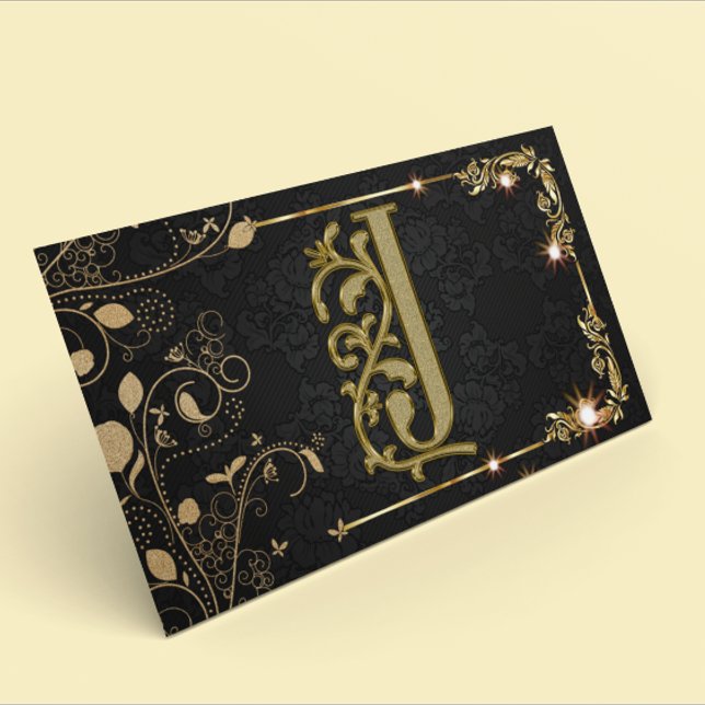 Luxury Monogram Gold Black Sparkle Business Card (Creator Uploaded)