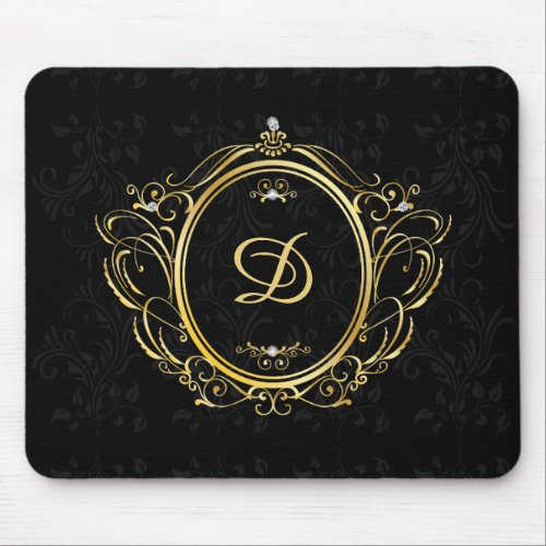 Luxury Monogram Gold Frame black damask Mouse Pad