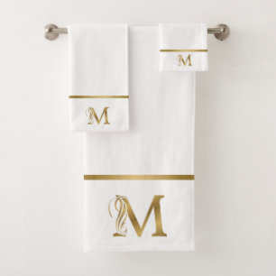 Luxury monogram gold letter M on Blue Bath Towel Set