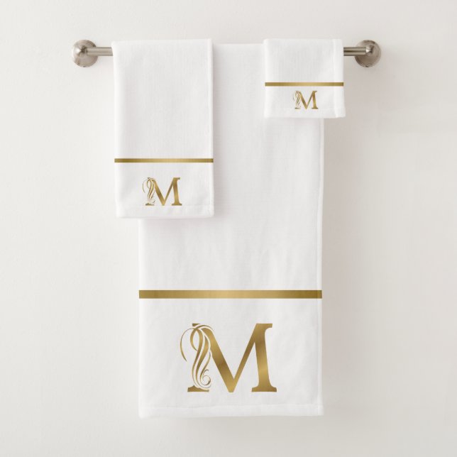 Luxury monogram gold letter M on Blue Bath Towel Set (Insitu)