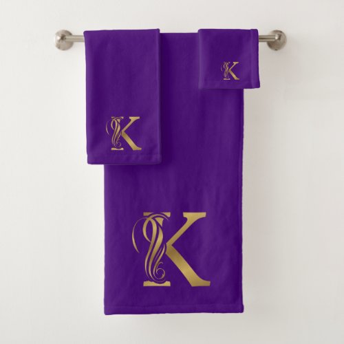 Luxury monogram gold letter on purple bath towel set