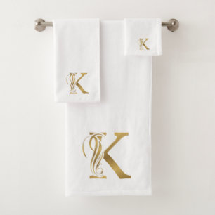 Luxury monogram gold letter on white bath towel set
