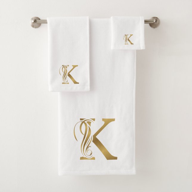 Luxury monogram gold letter on white bath towel set (Insitu)
