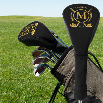 Luxury Monogram Gold On Black Golf Club Head Cover by StinkPad at Zazzle