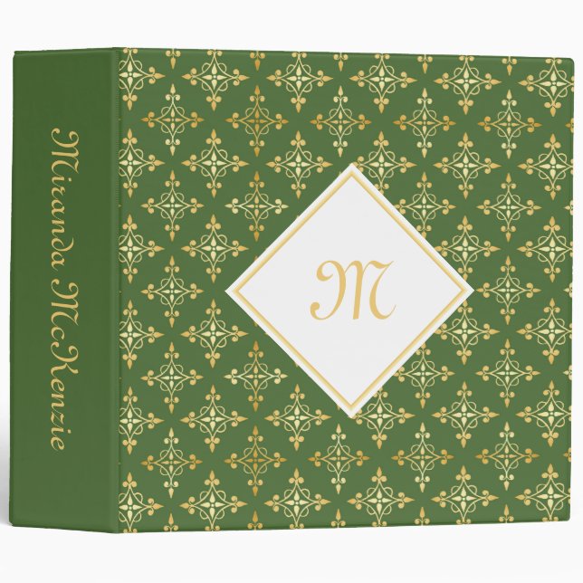Luxury Monogram Green and Gold Quatre Floral 3 Ring Binder (Front/Spine)