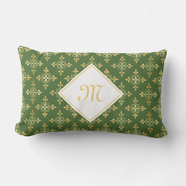 Luxury Monogram Green and Gold Quatre Floral Lumbar Pillow (Front)