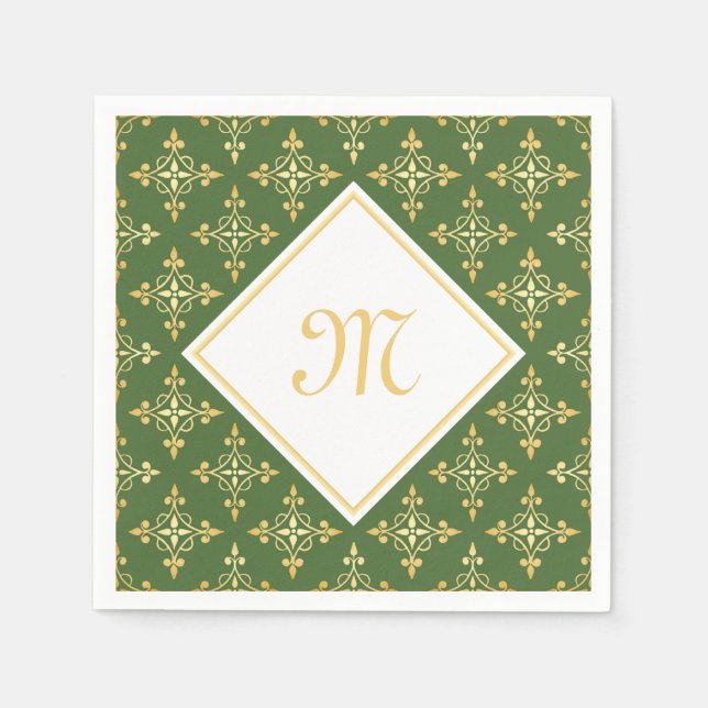 Luxury Monogram Green and Gold Quatre Floral Napkins (Front)