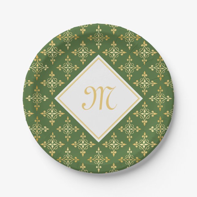 Luxury Monogram Green and Gold Quatre Floral Paper Plates (Front)