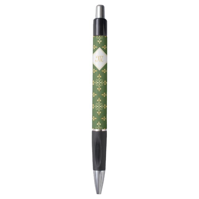 Luxury Monogram Green and Gold Quatre Floral Pen (Front Vertical)