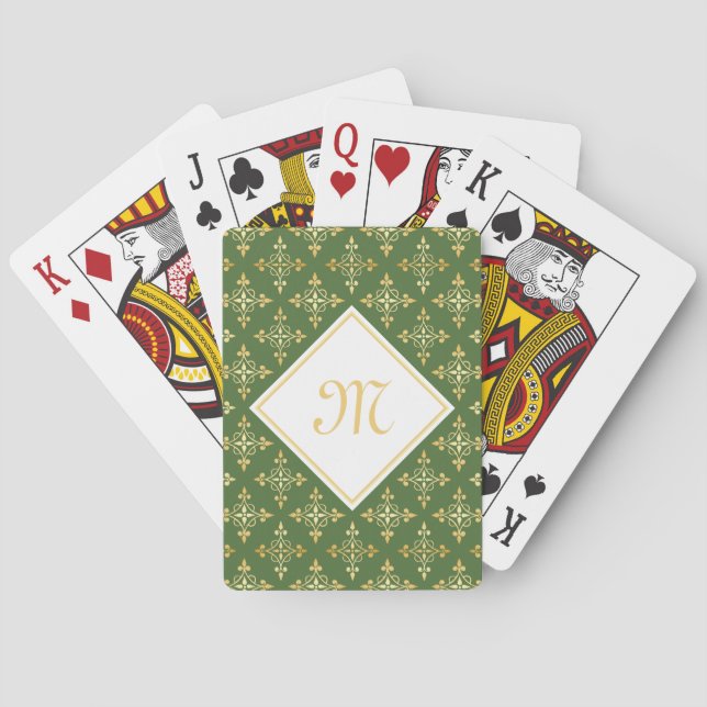 Luxury Monogram Green and Gold Quatre Floral Poker Cards (Back)