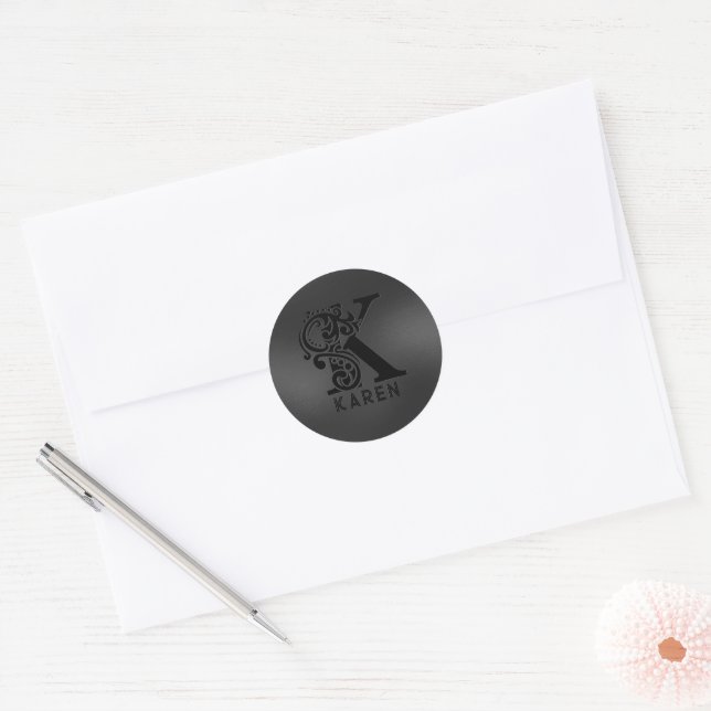 Luxury Monogram  K on Dark Gray Classic Round Sticker (Envelope)