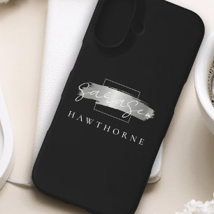 Luxury Monogram Modern Black Faux Silver iPhone 16 Case