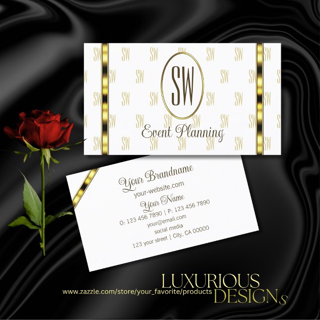 Luxury Monogram Pattern with Gold Stripes on White Business Card (Creator Uploaded)