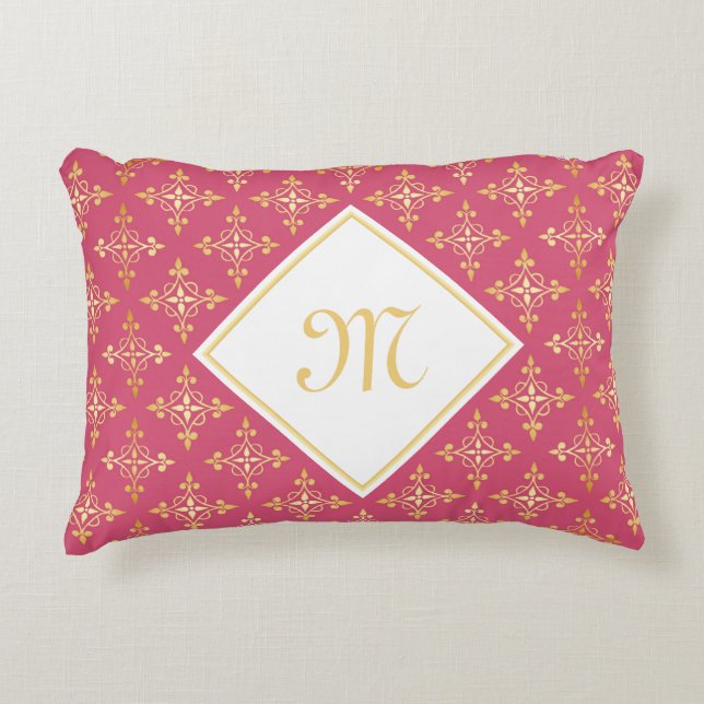 Luxury Monogram Pink and Gold Quatre Floral Accent Pillow (Front)