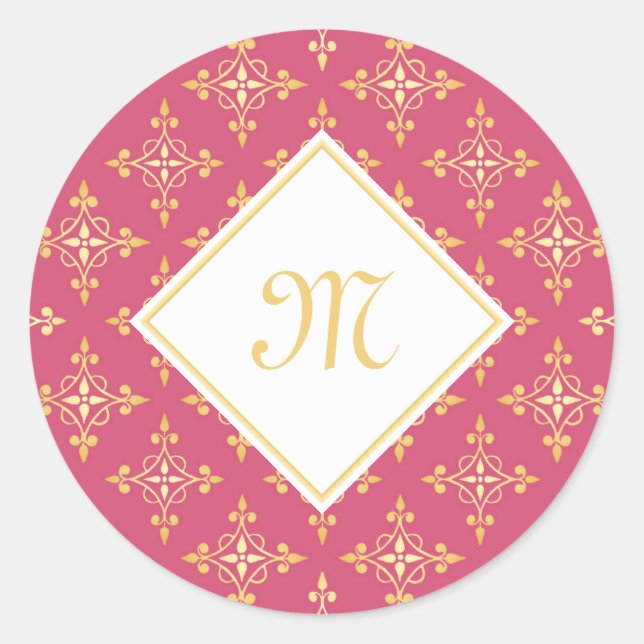 Luxury Monogram Pink and Gold Quatre Floral Classic Round Sticker (Front)