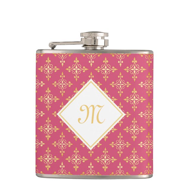 Luxury Monogram Pink and Gold Quatre Floral Flask (Front)