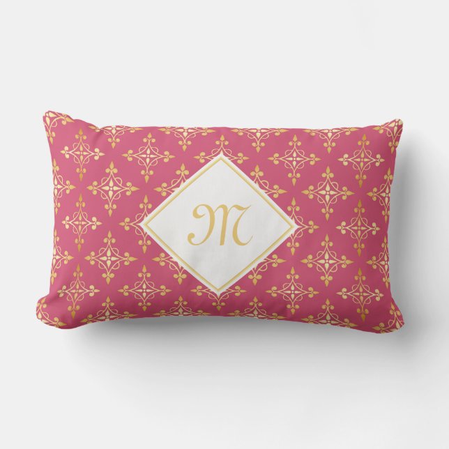Luxury Monogram Pink and Gold Quatre Floral Lumbar Pillow (Front)