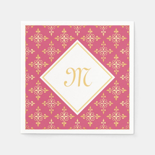 Luxury Monogram Pink and Gold Quatre Floral Paper Napkins (Front)