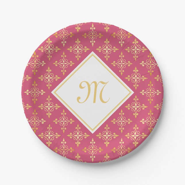 Luxury Monogram Pink and Gold Quatre Floral Paper Plates (Front)