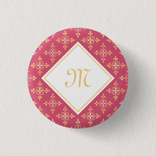 Luxury Monogram Pink and Gold Quatre Floral Pinback Button (Front)