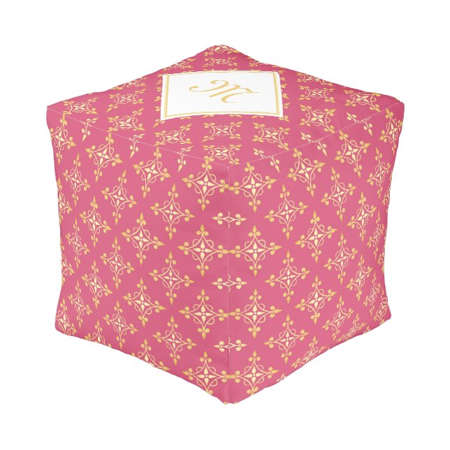 Luxury Monogram Pink and Gold Quatre Floral Pouf (Angled Front)