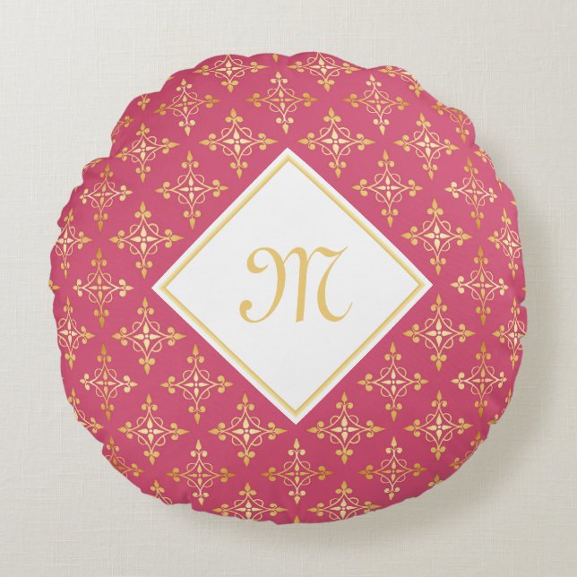 Luxury Monogram Pink and Gold Quatre Floral Round Pillow (Front)