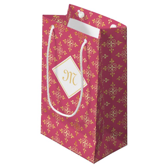 Luxury Monogram Pink and Gold Quatre Floral Small Gift Bag (Front Angled)