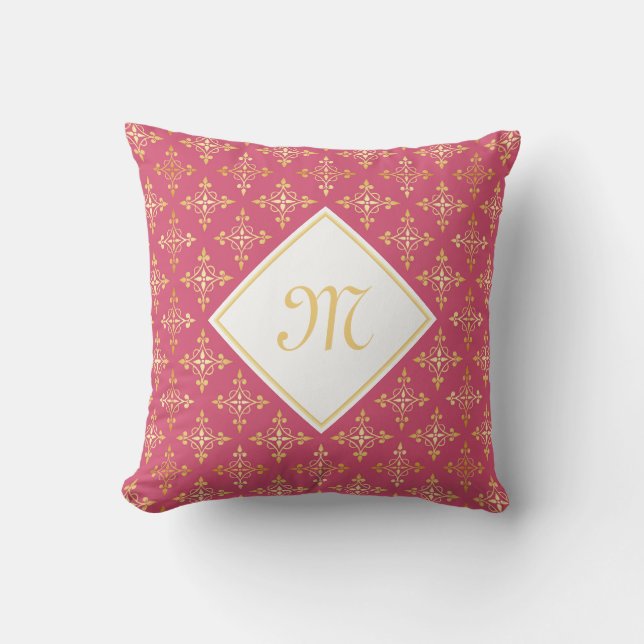 Luxury Monogram Pink and Gold Quatre Floral Throw Pillow (Front)