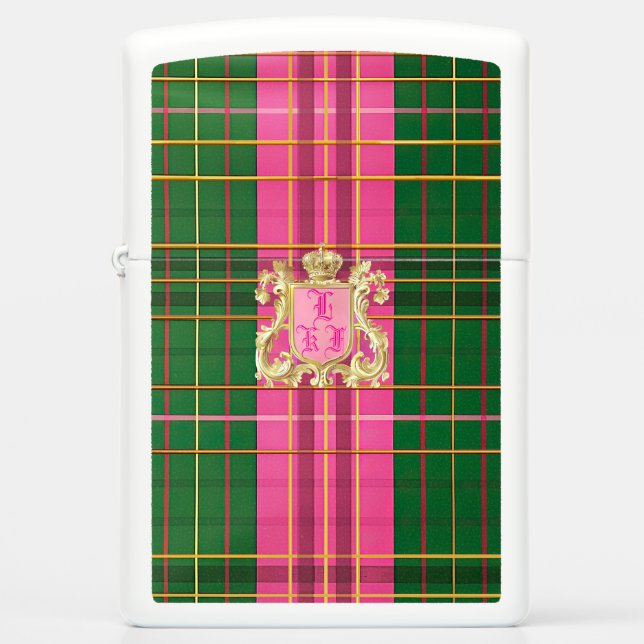 Luxury Monogram Pink & Green Plaid Zippo Lighter  (Front)