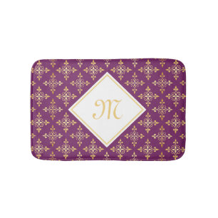 Luxury Monogram Purple and Gold Quatre Floral Bathroom Mat