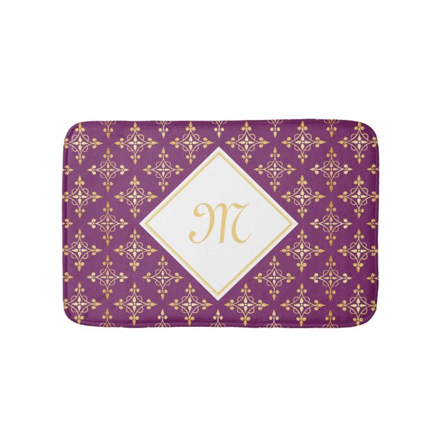 Luxury Monogram Purple and Gold Quatre Floral Bathroom Mat (Front)