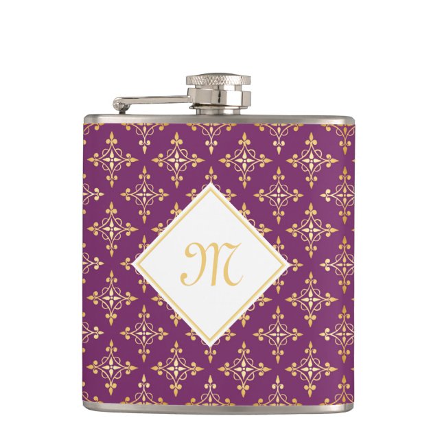 Luxury Monogram Purple and Gold Quatre Floral Flask (Front)