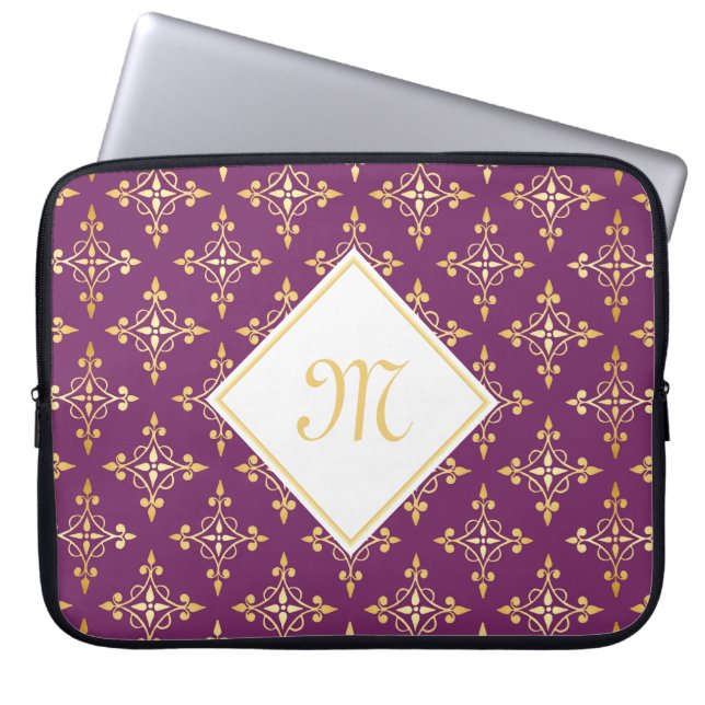 Luxury Monogram Purple and Gold Quatre Floral Laptop Sleeve (Front)