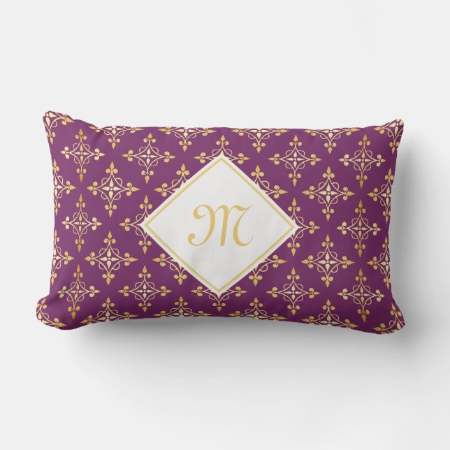 Luxury Monogram Purple and Gold Quatre Floral Lumbar Pillow (Front)