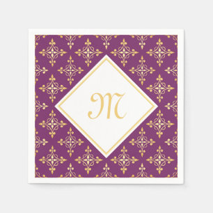 Luxury Monogram Purple and Gold Quatre Floral Paper Napkins
