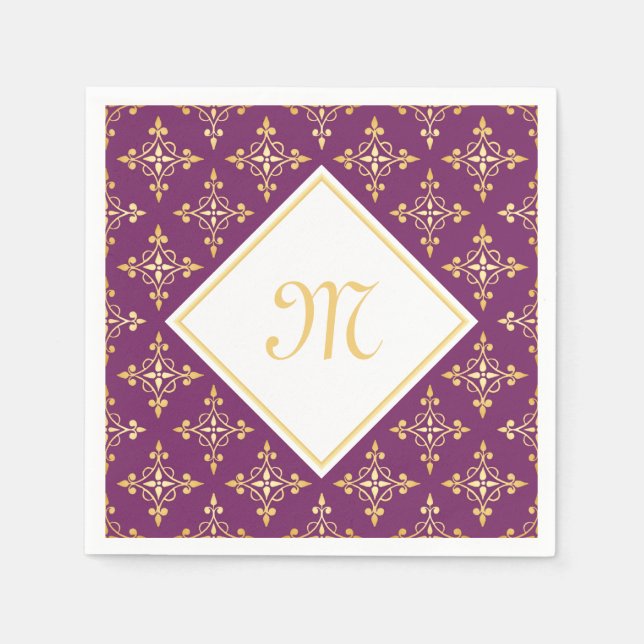 Luxury Monogram Purple and Gold Quatre Floral Paper Napkins (Front)