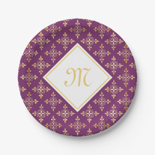 Luxury Monogram Purple and Gold Quatre Floral Paper Plates