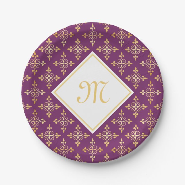 Luxury Monogram Purple and Gold Quatre Floral Paper Plates (Front)