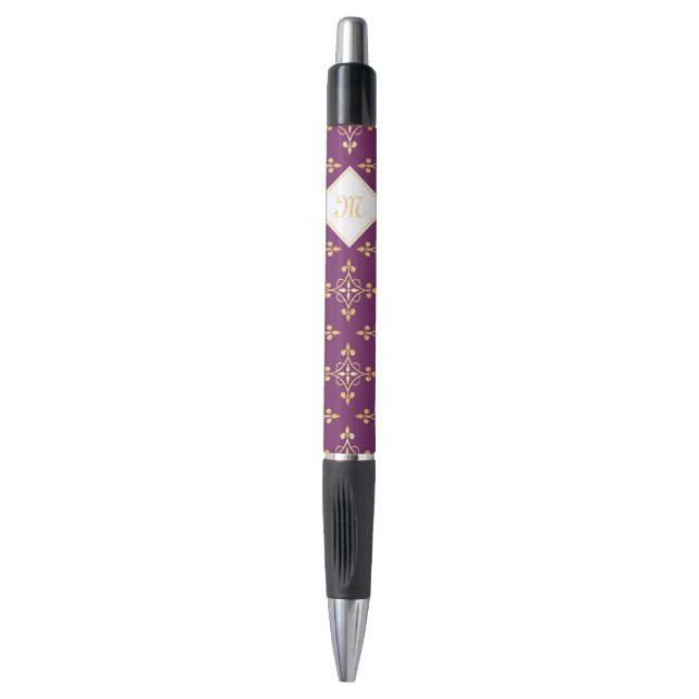 Luxury Monogram Purple and Gold Quatre Floral Pen (Front Vertical)