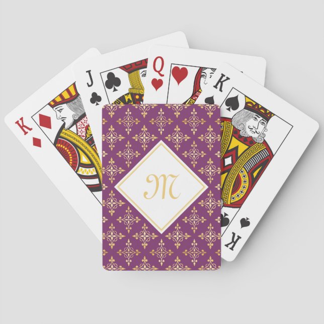 Luxury Monogram Purple and Gold Quatre Floral Poker Cards (Back)