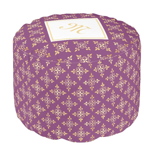 Luxury Monogram Purple and Gold Quatre Floral Pouf (Angled Back)