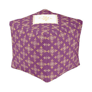 Luxury Monogram Purple and Gold Quatre Floral Pouf