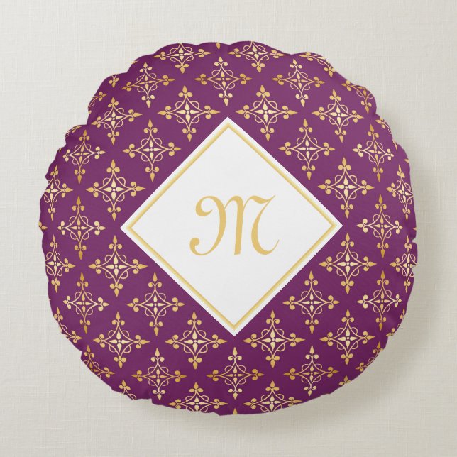 Luxury Monogram Purple and Gold Quatre Floral Round Pillow (Front)